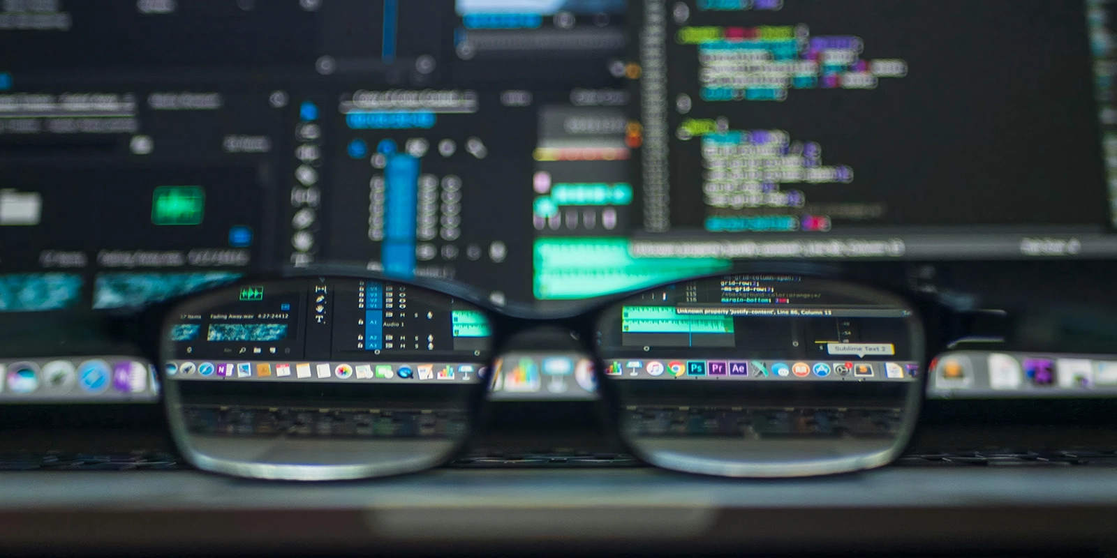 A pair of glasses laying on a laptop with the laptop's code-filled screen showing through them.