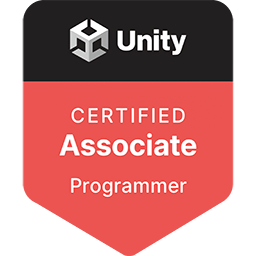 The official Unity associate programmer certification badge, a red shield with the Unity logo on top.