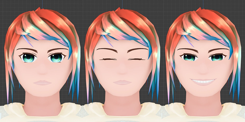 Three close up shots of the model's face with various expressions.