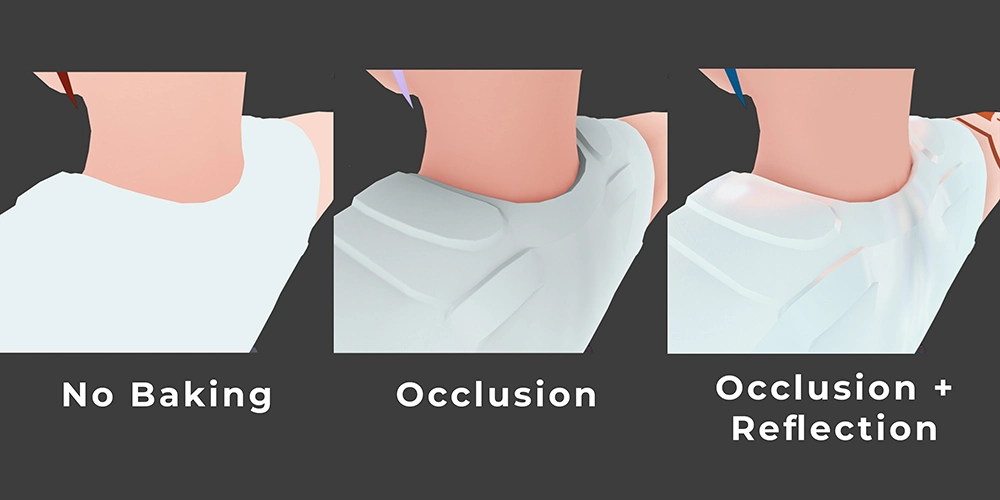 Three versions of the neck area where one has flat lighting, the others have some shadows, and the last has reflections as well.