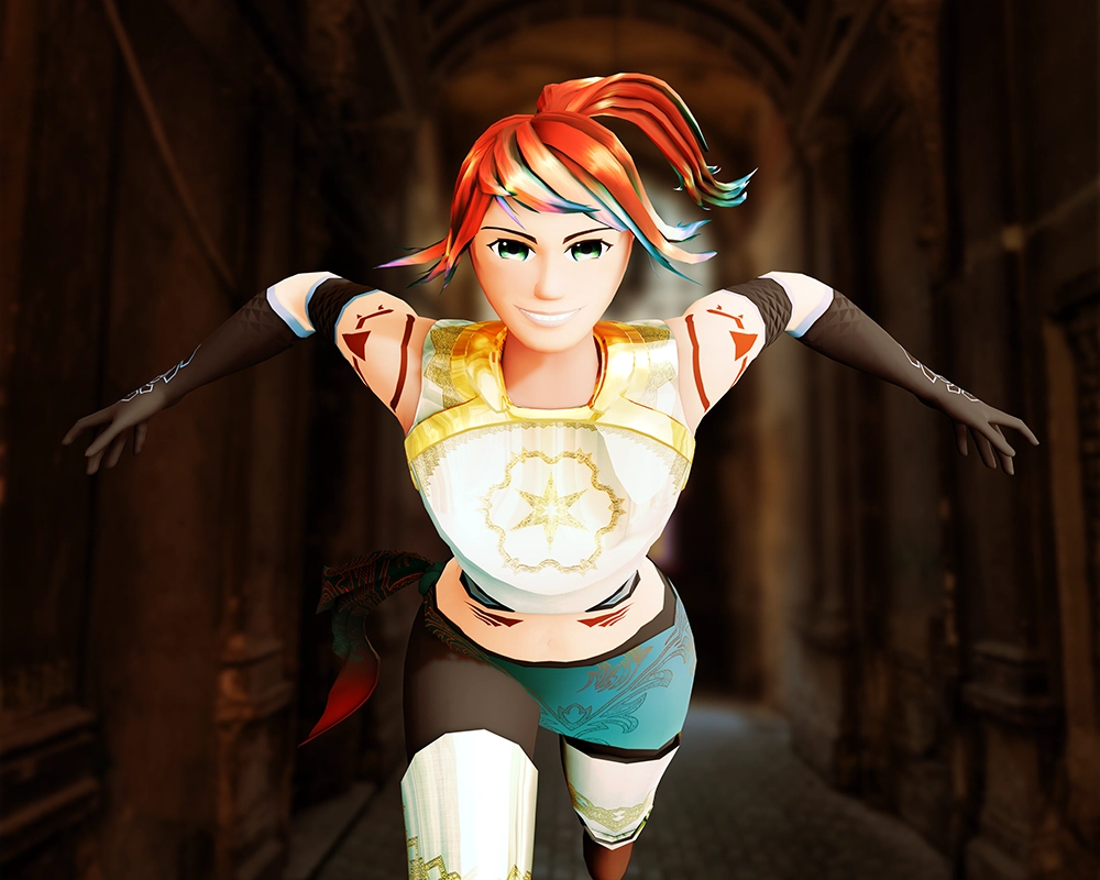 A refined image of the character model in a dynamic pose with realistic lighting and effects.