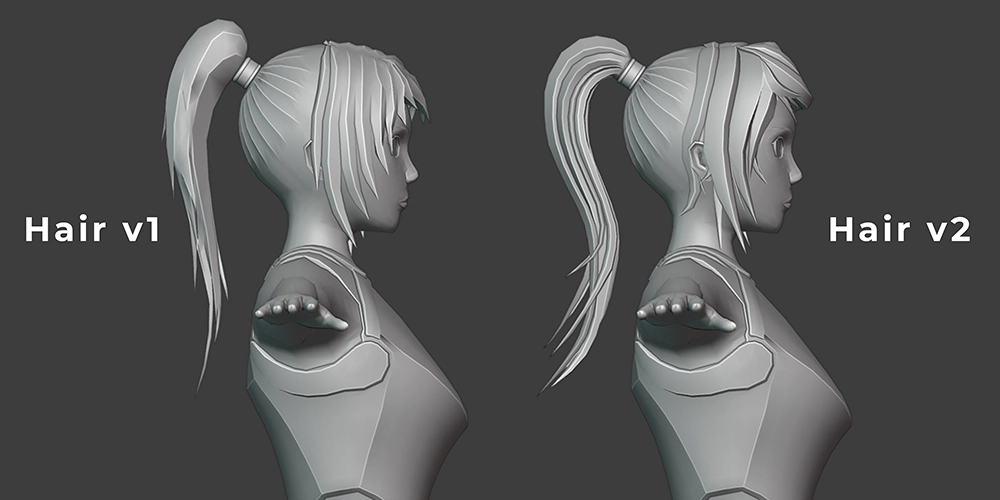 Two versions of hair models with one looking more dynamic than the other.
