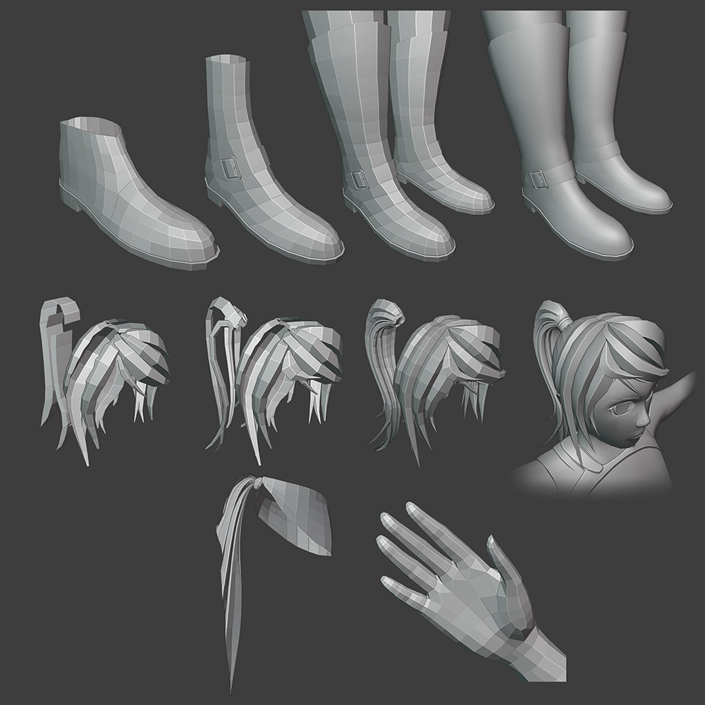 Various steps of various models gaining higher levels of detail including boots and hair models.