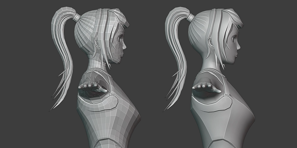 Two versions of the character model with one looking smoother than the other.