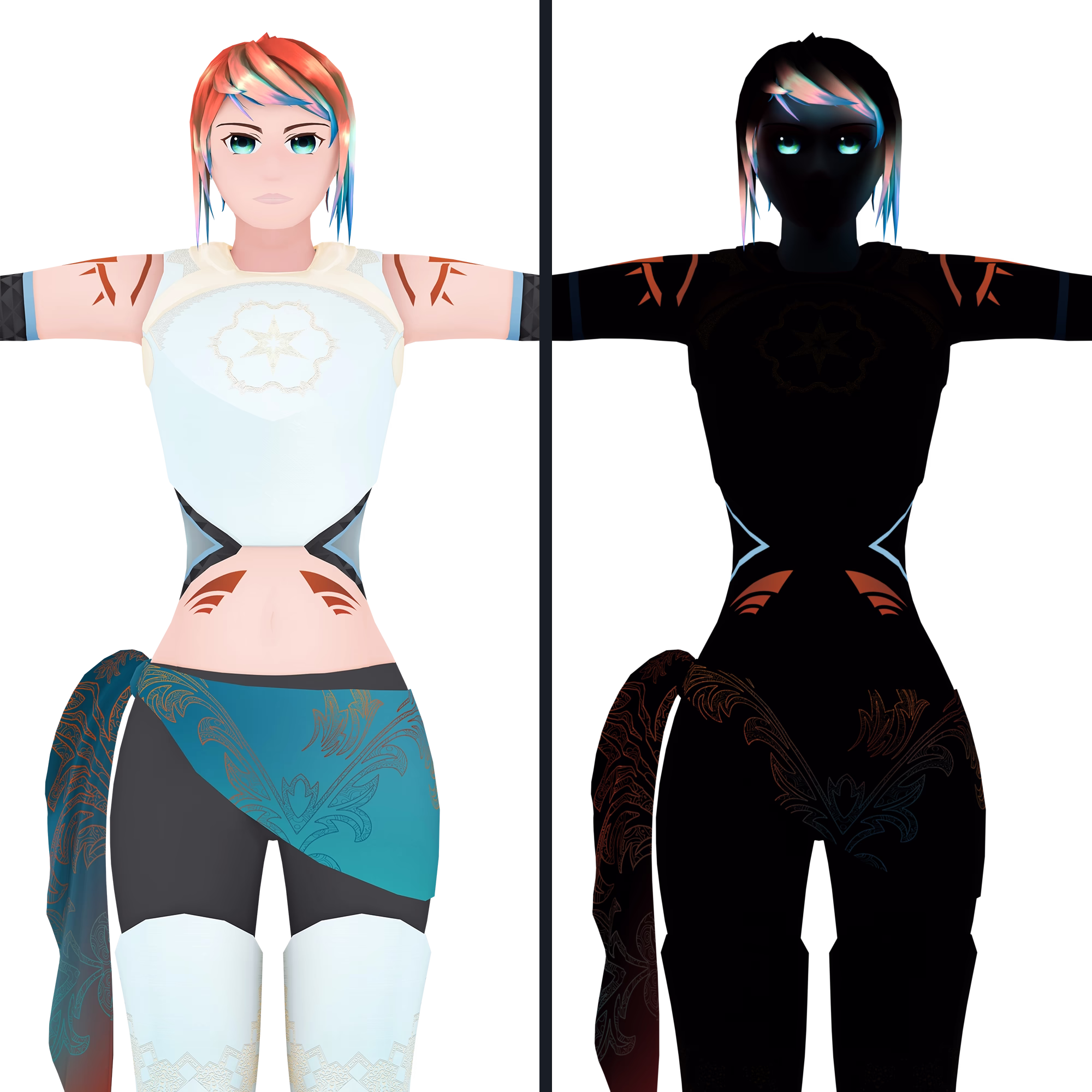 The character model split in half, one side normally lit, and the other side dark with glowing elements.
