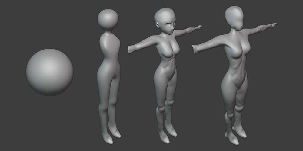 Various steps of a humanoid model taking shape like clay being formed.