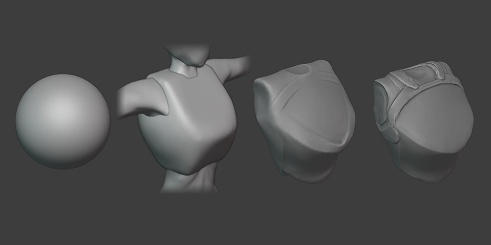 Various steps of a breastplate of armor model taking shape like clay being formed.