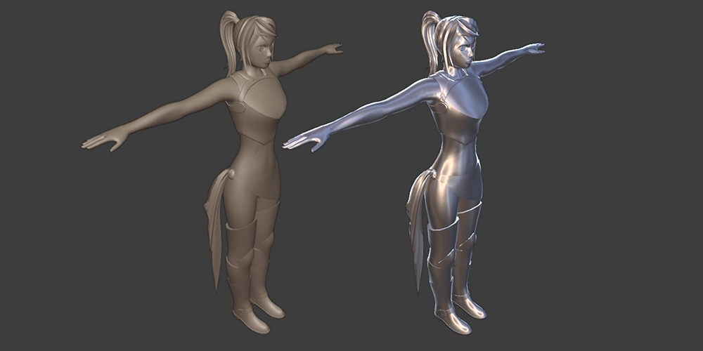 Two images of the model, one looks like dull clay and the other looks like shiny metal.