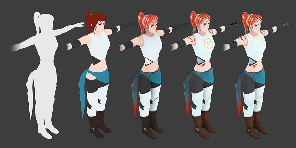 The character model showing various stages where its detail and color become more and more refined.