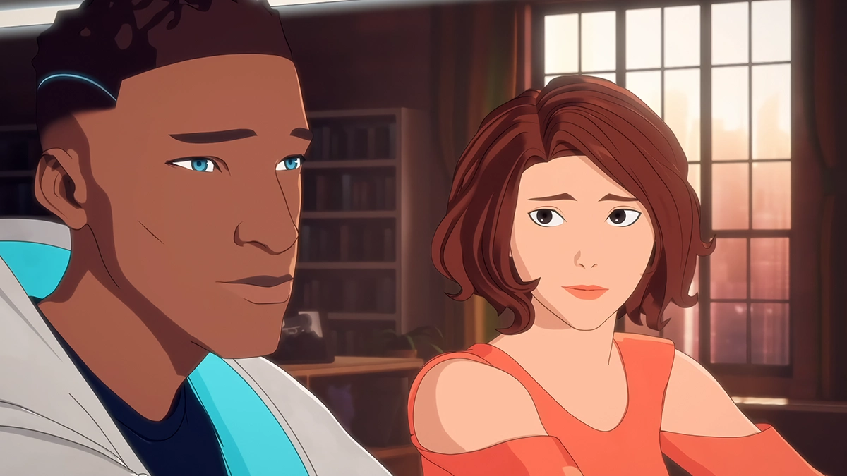 An animated scene of a man and a woman sitting at a table and smiling.