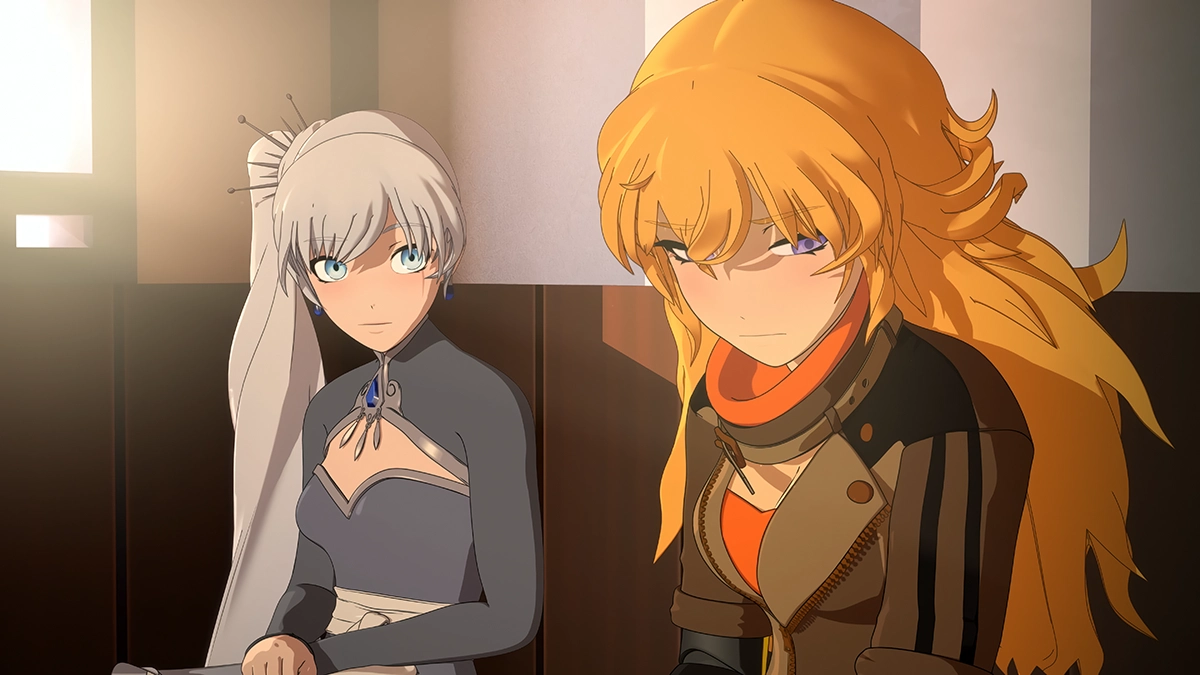 An animated scene of two girls having a private conversation indoors as daylight streams through a window.