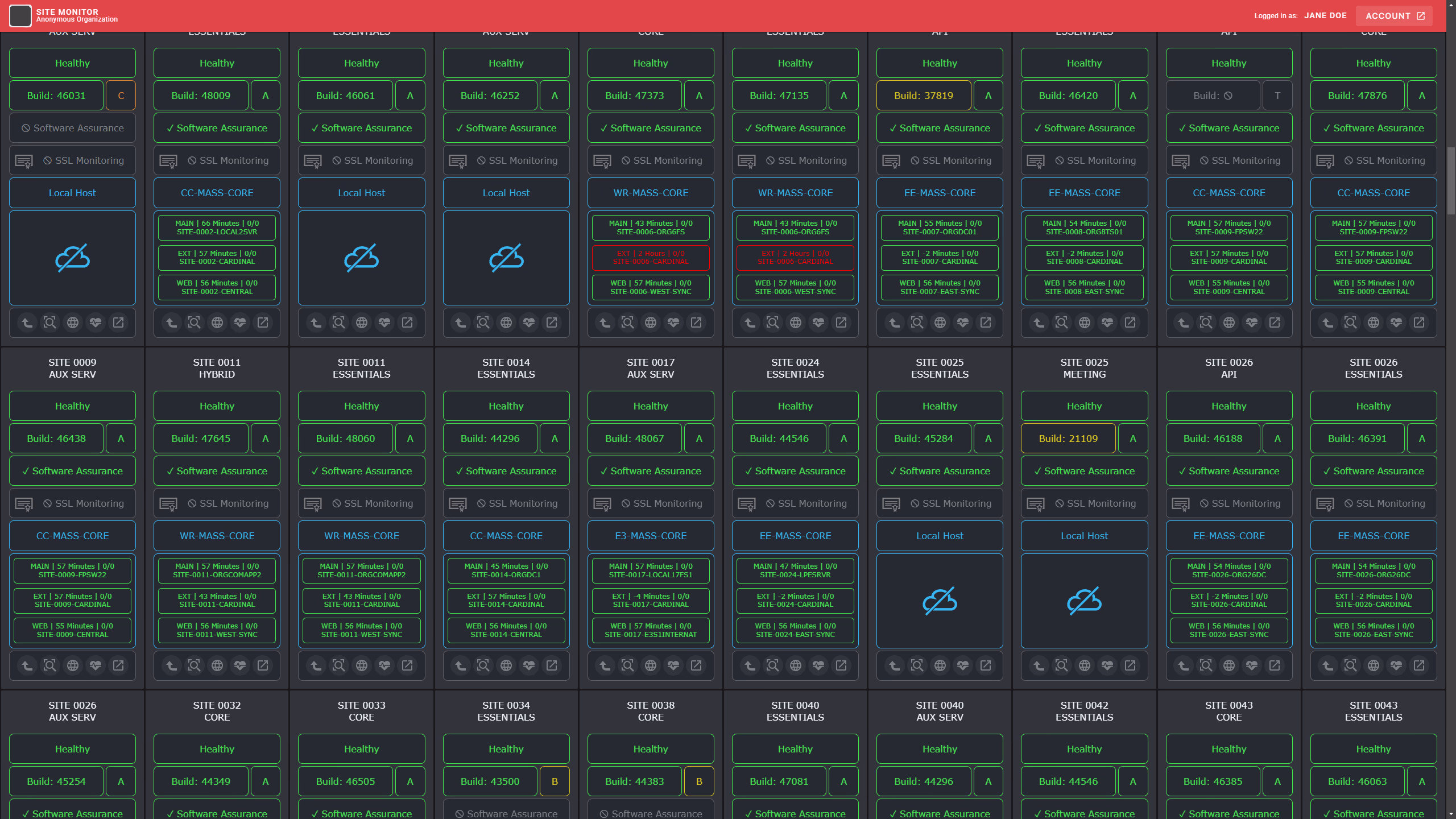 A grid of tiles displaying various text and icons, representing the status of different services.