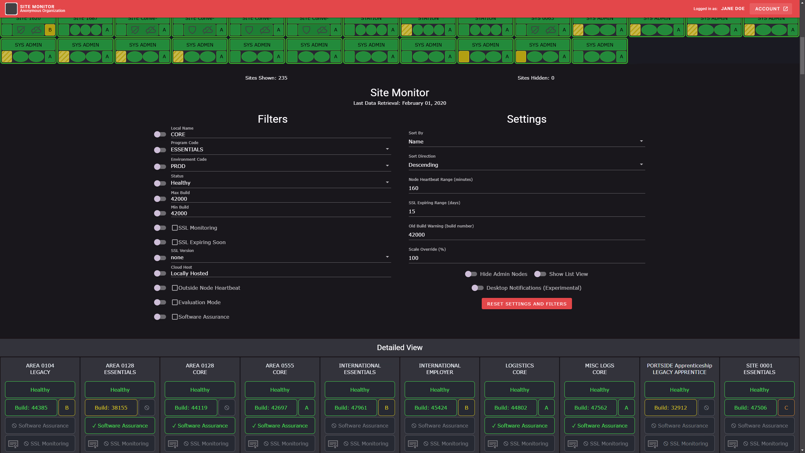 A list of text displaying various options and filters for the monitoring interface.